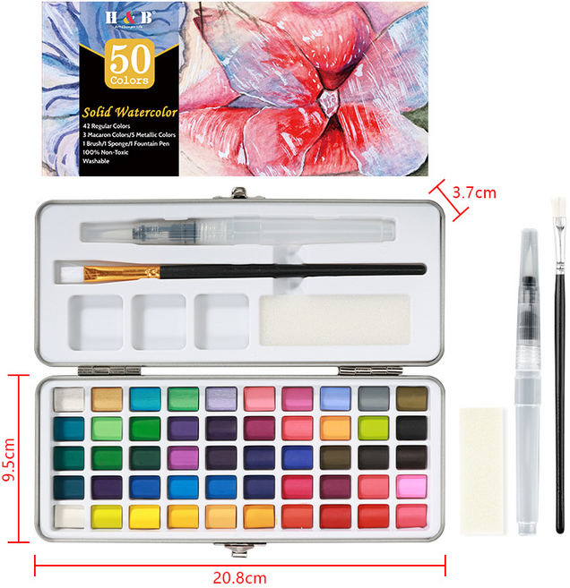 HB문화사 진주펄 고체 프리미엄 50/72/90/100 색 틴케이스 전문가용 수채화 브러쉬 세트 물감, 50색