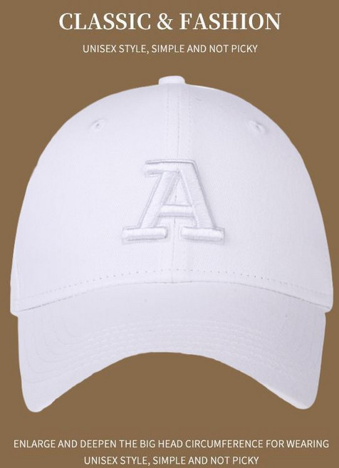 經典時尚棒球帽 字母鴨舌帽, 1個, 刺繡A標白色白標標椎碼55-60CM