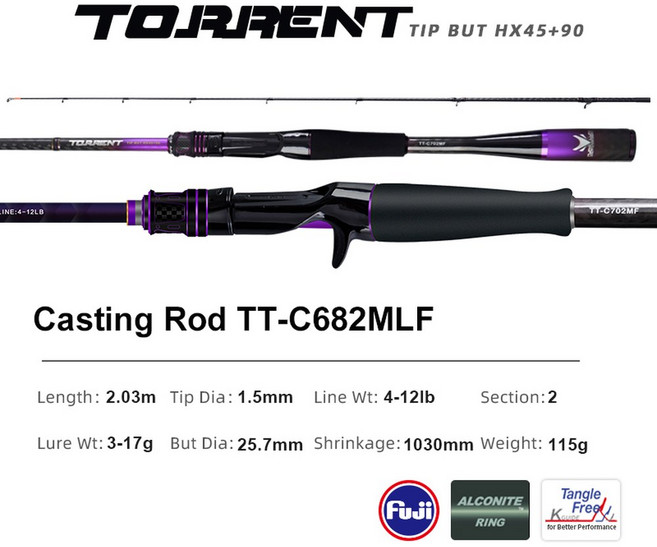 PURELURE-TORRENT 전체 후지 일반 루어로드 하이 카본 롱 캐스팅 스피닝 캐스팅 낚싯대 후지 알코나이트 링 릴 시트, Purple, TT-C682MLF