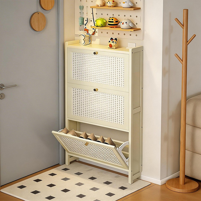 좁은현관슬림신발장 70CM 신발장수납장, 3단, 아이보리