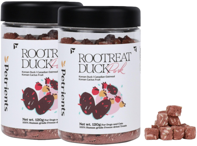 펫트리언츠 반려동물 루트릿덕 오리 동결건조 간식 생 야채 과일 토핑 식이섬유 트릿, 2개, 120g, 핑크 (국내산 백년초)