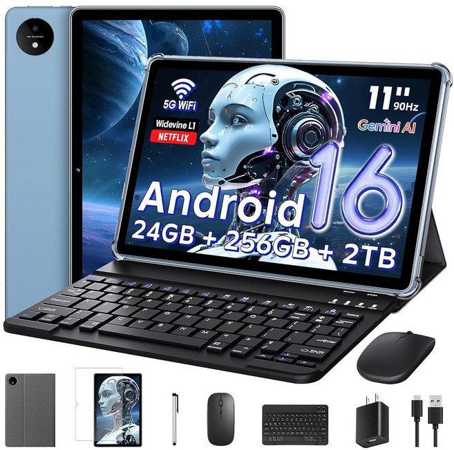제미니 AI가 탑재된 안드로이드 16 태블릿 11인치 T7250 옥타코어 24GB RAM 256GB ROM / 2TB TF 16MP 8MP 1920x1200 IPS HD, Blue, M70