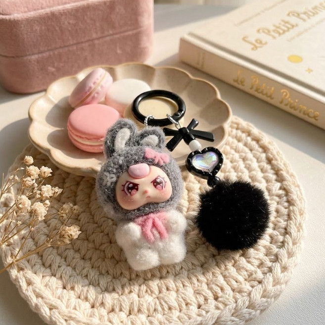 라부부 미니 키링 키링줄 세트구성 캐릭터 가방 키링 귀여운 열쇠고리 가방 고리, 1개, 리본(블랙)