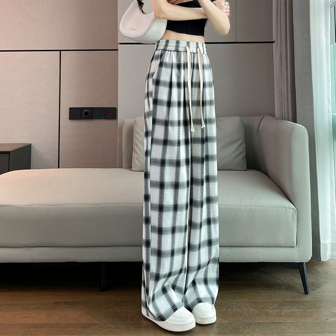 메인워크 여성 빅사이즈 캐주얼 바지 여름 냉장고 체크 팬츠 아이스 와이드 하이웨스트 루즈핏 속건 트레이닝 스포츠 캐주얼 바지