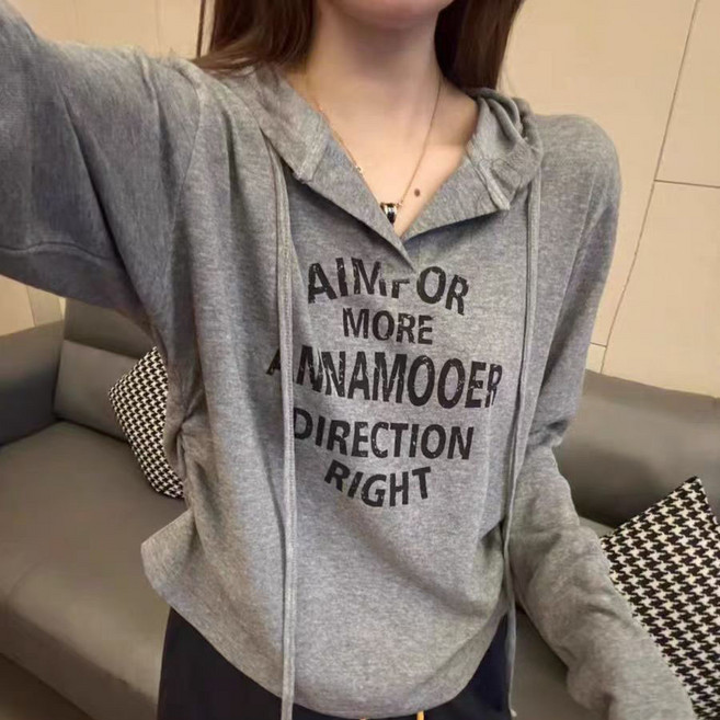 후드티셔츠 여성용 가벼운 소재 심플 프린트 긴팔 티셔츠