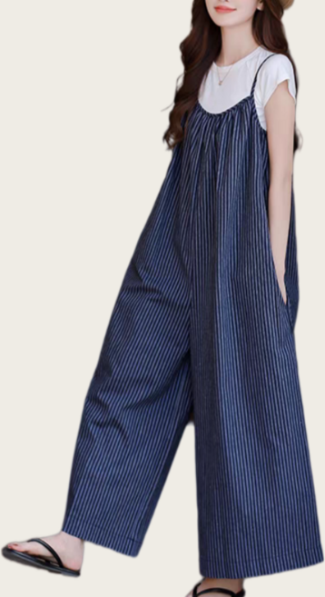 Makone 여성 빈티지 블루 스트라이프 점프수트 캐주얼 르즈핏 데일리 오버롤 슬랙스 바지 스트레이스 점프슈트