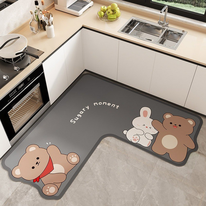 Arsjuo ㄱ자 빨아쓰는 규조토 발매트 미끄럼방지 화장실 욕실 주방 매트, 그레이 곰돌이, 1개