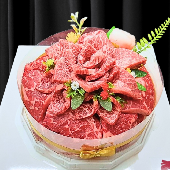 하루정육] 투뿔 한우케이크 800g 모듬구이세트 선물용 고기케익 (한우1++ BMS7이상), 1세트, 생신토퍼+리본포장