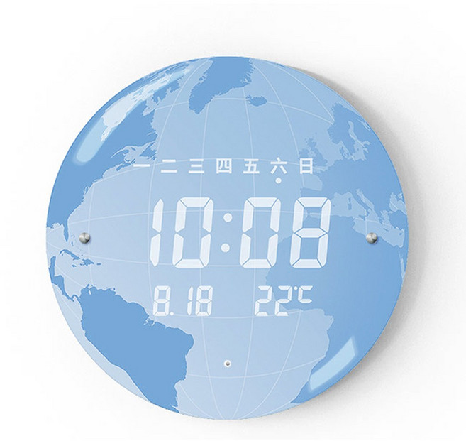 北歐風 LED智慧時鐘 LED時鐘 智能鐘 電子鐘 壁掛 桌立 電子時鐘, 中文版地球色-強化玻璃