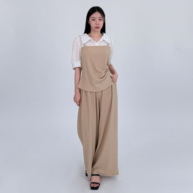 베일 셔링 뷔스티에 셔츠 블라우스 밴딩 와이드 팬츠 세트