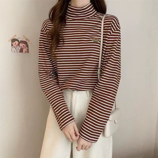 아톰닉 2025 초특가 빅사이즈 여성 가을 겨울 반폴라 날씬해 보이는 기모 스트라이프 긴팔티