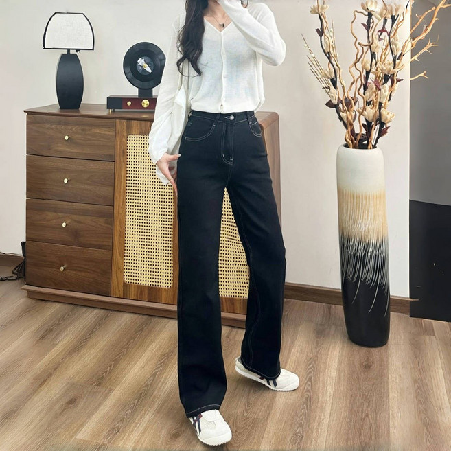 VIISHOW 여성용 슬림핏 하이웨스트 스판 청바지 일자핏 와이드팬츠