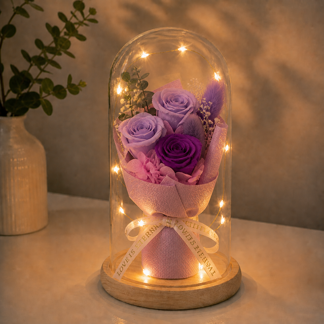 고급스러운 생화 프리저브드 장미 꽃다발 유리돔 무드등 LED 선물 건전지 포함, 퍼플 판타지