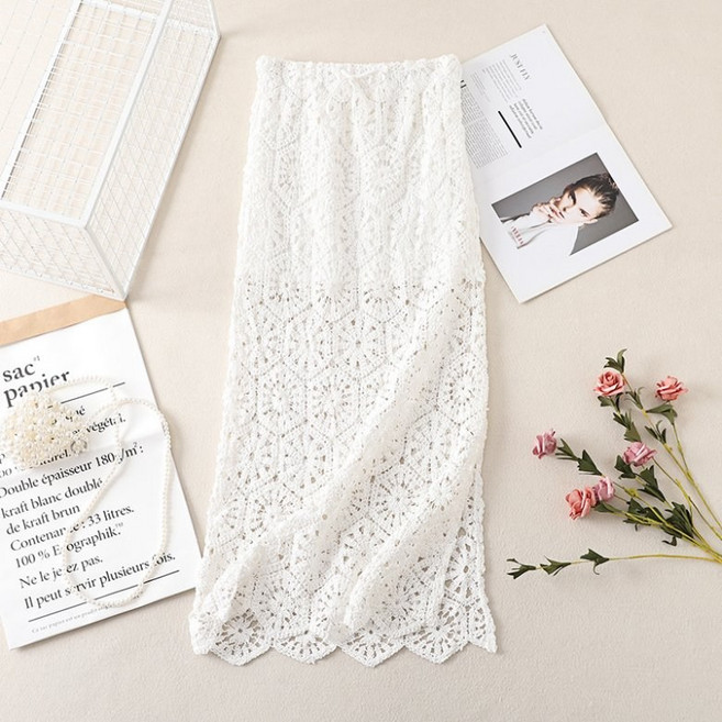 아이엠몽 여성 펀칭 레이스 밴딩 롱 스커트