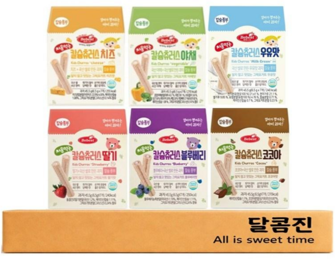 [달콤진] 베베스트 칼슘츄러스 딸기맛 + 블루베리맛 + 코코아맛 + 치즈맛 + 야채맛 + 우유맛, 1세트, 야채 치즈 블루베리 딸기 코코아