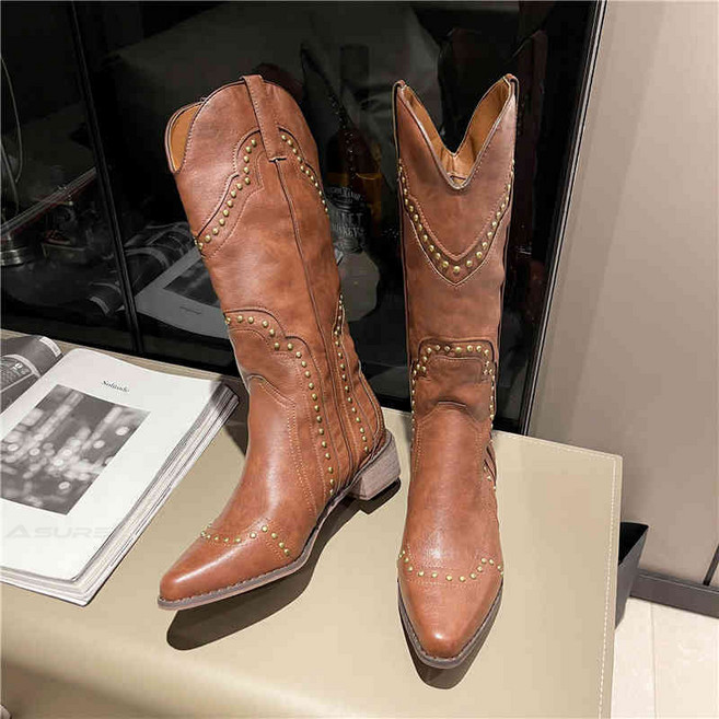 에쥬아 여성 웨스턴 부츠 가죽 미들 부츠 뾰족 구두