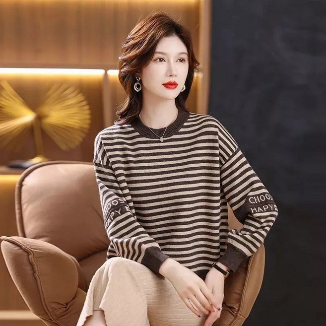 COSYEVNO 여성 스트라이프 니트 스웨터 긴팔 루즈핏 가을 캐주얼 CXJzzs-05