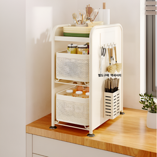 체리닷컴 철제 다용도 주방 양념통 영양제 슬라이딩 틈새 수납장, 화이트 3단, 1개