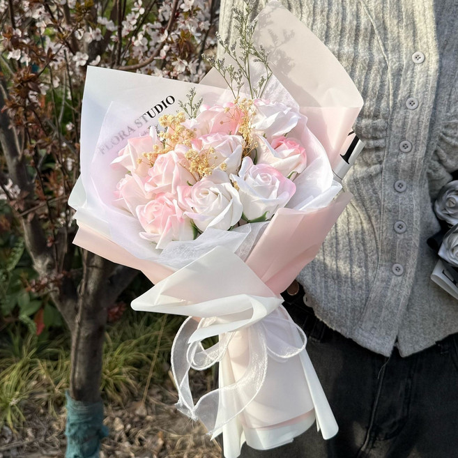 99朵香皂玫瑰花束 永生花 禮物, 1個, 成品小束公主粉玫瑰