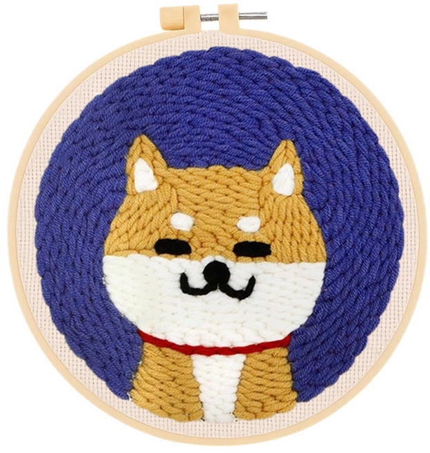 투데이리빙 DIY 펀치 니들 자수 세트 초보자 힐링 취미 뜨개질 만들기 감성 털실 펀칭 공예 십자수 키트 귀여운 원형 소품 액자 프레임, 행복한시바, 1세트