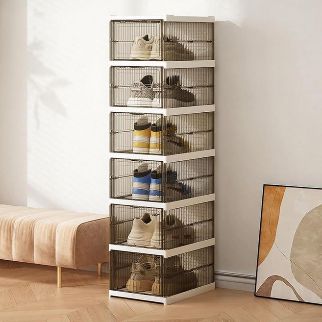 셀럽 폴딩형 접이식 간편 현관 심플 깔끔 신발장 정리 수납장, 투명 블랙, 6단