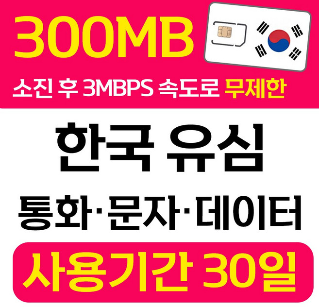 한국 선불유심 SK 데이터 통화 문자 무제한 유심칩 개통 무약정 USIM 폰싸몰, 1개, 무제한300 (SK), 30일