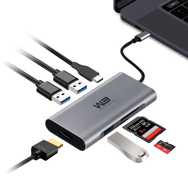 W3 CTH7 7in1 C타입 멀티허브 4K HDMI 100W PD 충전 USB3.0 3개 SD MICROSD 지원, 1개, 메탈