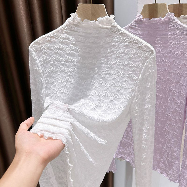 봄 여름 여성 레이스 긴팔티 프렌치 반폴라 긴팔 티셔츠 패션 여자 레이스티 YCY