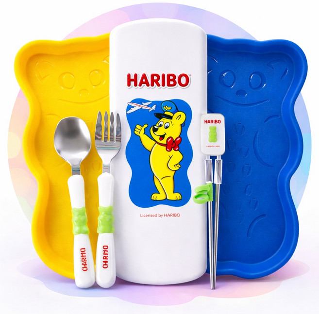 하리보 4종 수저세트+플레이트접시 2개 세트 수저 포크 젓가락 케이스 식기, 1개, 1, 01_하리보 수저세트(그린)+플레이트접시(2개)