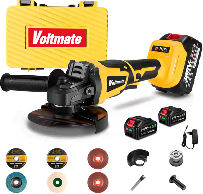 VoltMate 독일 21V BLDC 무선 충전식 125mm 전동 브러시리스 그라인더 3단 조절 가능 전력량 표시 연마기/광택기 3000mAh 배터리 2개 세트, 노란색, 1세트