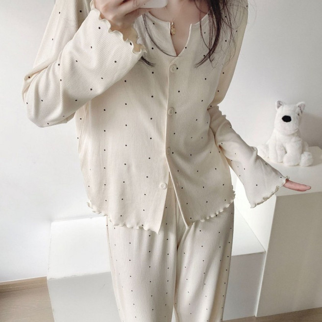 여성 코튼 골지 파자마 세트 아이보리 도트 잠옷 사계절