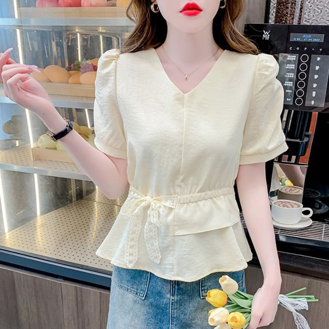 MIREA 여성 반팔 블라우스 V넥 레이스 스트랩 페플럼 데일리 봄여름