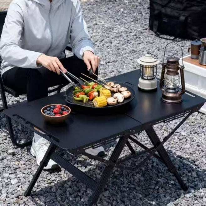 캠핑 꼭 필요한 제품 알루미늄 접이식 아웃도어 튼튼함 2폴딩 테이블 3단 높이조절 캠핑용테이블+보관가방, 블랙