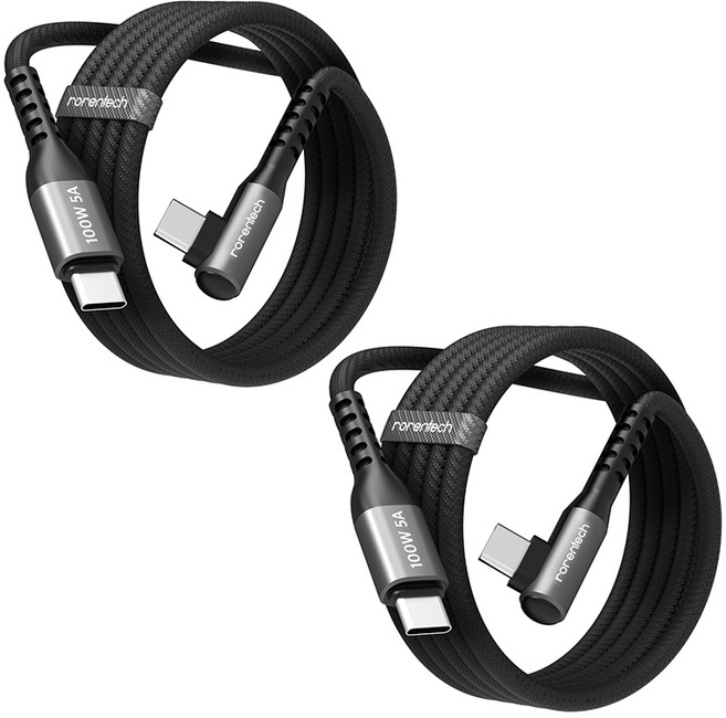 로랜텍 L자형 100W 5A C to C PD 초고속충전 케이블, 1.2m, 2개