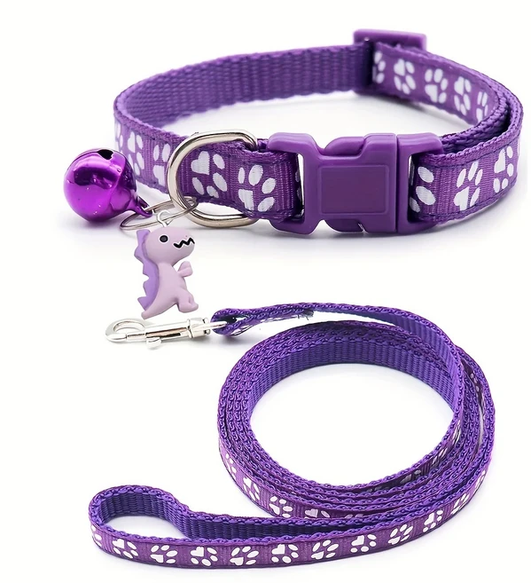 귀여운 만화 고양이 발자국 목줄 & 리드줄 세트 1개 강아지용 벨 포함 배터리, 01 19-23cm, 04 Pruple 2