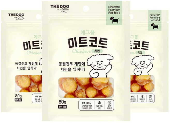 더독 미트코트 에그볼 강아지 계란 노른자 간식 동결건조, 치킨, 80g, 3개