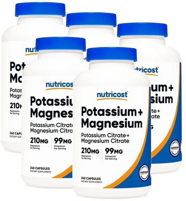 뉴트리코스트 칼륨 99mg 마그네슘 210mg 시트레이트 캡슐 Nutricost Potassium Magnesium Citrates, 5개, 240정 - 쿠팡