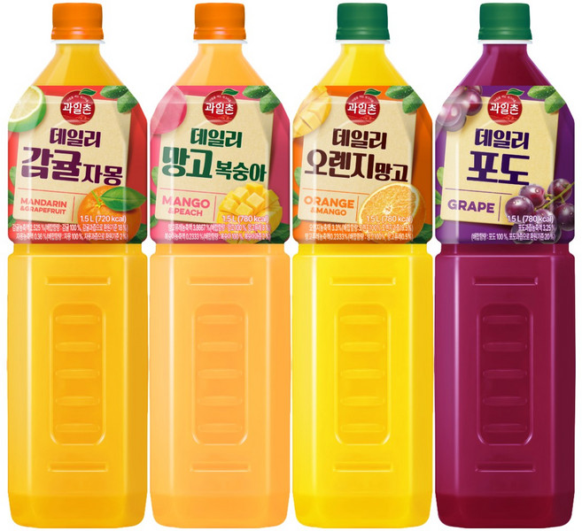 해태음료 과일촌 데일리 페트 음료 4종 1개씩 혼합(감귤자몽/망고복숭아/오렌지망고/포도), 4개, 1.5L