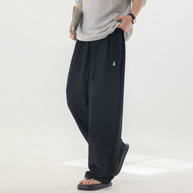 HANYO 남성용 시원한 린넨라이크 통기성 와이드 스트레이트 밴딩 팬츠 통바지