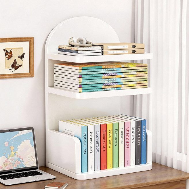 학생용 책 보관 선반 원목 책장 수납대 다층 데스크탑 정리 선반, 3단, 흰색