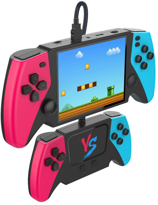 PYHO 3.8인치 HD 대화면 레트로 게임기 666개 게임 휴대용 미니 게임기, 레드&블루-게임기+핸들