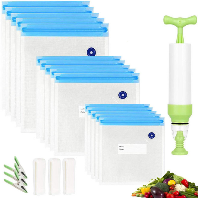 식품 진공 압축 보관팩 진공포장 밀폐 흡입 봉투 반찬 육류 해산물 냉동 보관용 진공 밀봉 비닐백, 22개