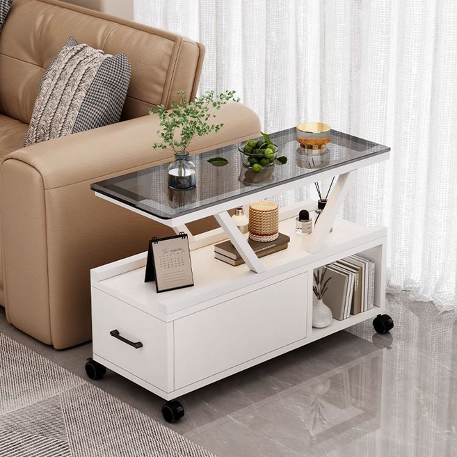 이동식 유리 사이드 테이블 가정용 거실 럭셔리 티 테이블 편리한 수납장, 화이트*30CM