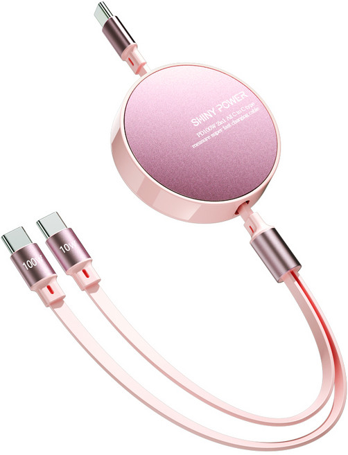 샤이니파워 PD 100W 데이터 전송 2in1 All C to C 줄자형 초고속 충전 케이블/ 노트북 핸드폰 동시 초고속 충전케이블, 1개, 핑크, 110mm