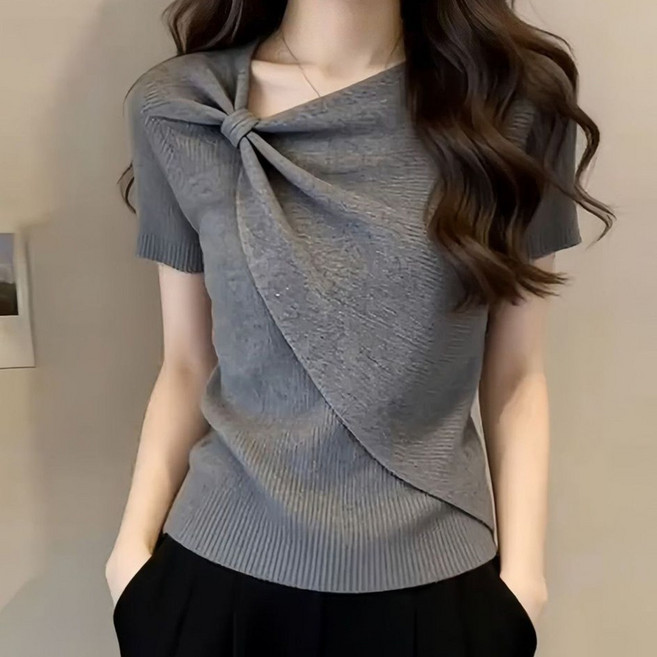 TKX 여성 니트 반팔 티셔츠 매듭 포인트 슬림핏 베이직 여름 오피스 데일리룩