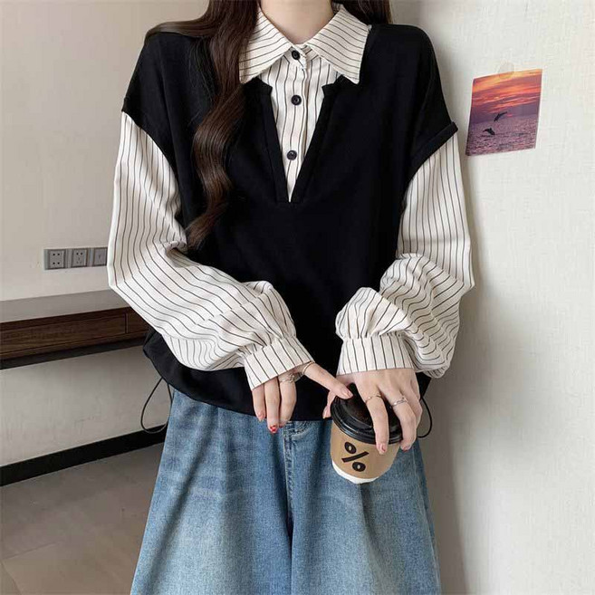 AOKADA 여성 레이어드 스트라이프 카라 셔츠 긴팔 맨투맨 티셔츠