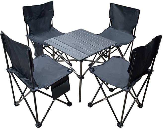 SPF戶外露營便攜碳鋼蛋捲桌椅 1桌4椅+收納袋, 黑色碳鋼
