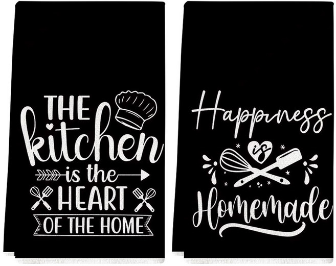 2개 '블랙 튠 키친 위스퍼링스' 슬로건 주방 타월 40cm*60cm 타월 세트 초흡수성 부드러운 청소 천 요리 및 베이킹용 티 손 접시 닦이 장식 거실 필수품 가정, 검정색