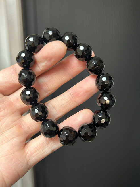 天然黑瑪瑙刻面手串 14mm