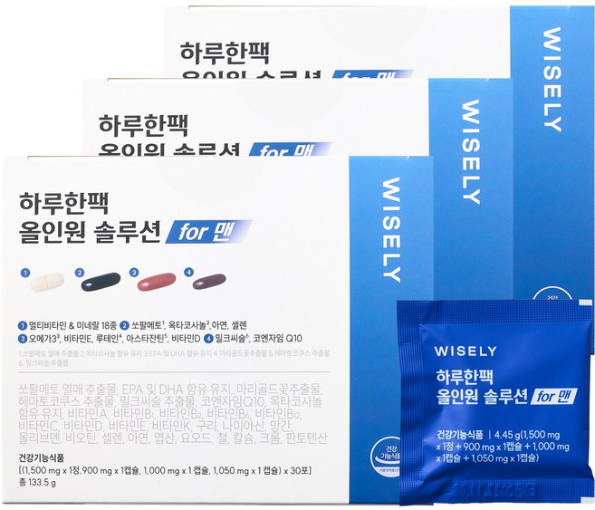 와이즐리 하루한팩 올인원 쏘팔메토 밀크씨슬 오메가3 멀티비타민 포맨, 3개, 30회분